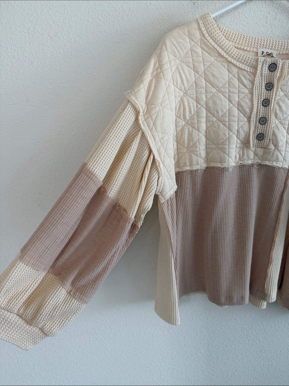 POL Quilted Waffle Knit Lagenlook Boho Henley Long Sleeve - Picture 2 of 6